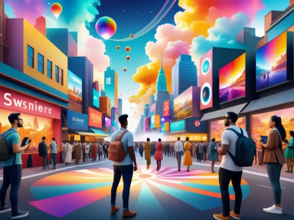 Arte visual en Realidad Aumentada: una calle urbana llena de vida, fusionando tecnología y cultura en una explosión de colores y formas