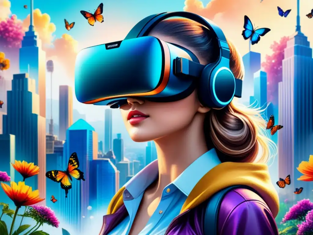 Fusión de arte visual en realidad virtual con paisajes surrealistas y tecnología floral