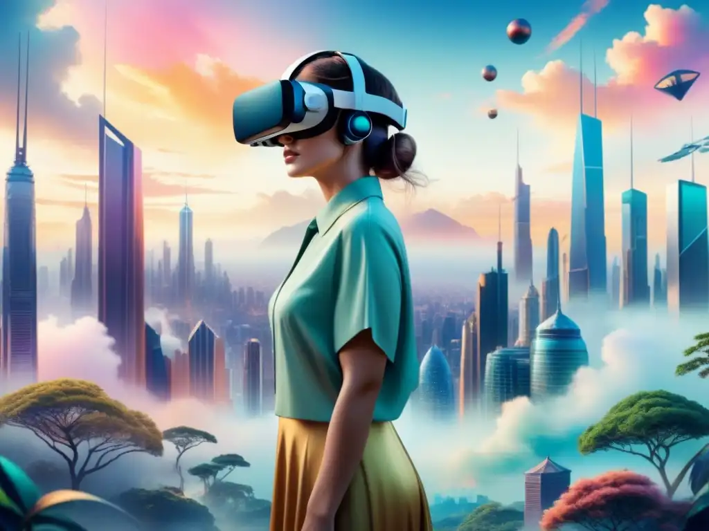 Arte visual en realidad virtual: pintura acuarela de paisaje virtual surrealista y colorido, artista usando auriculares VR