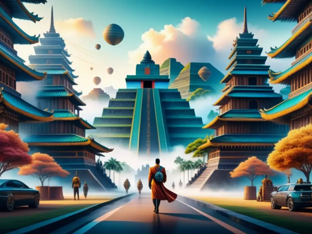 Ilustración acuarela 8k: Futurismo maya 3D vibrante Arte visual 3D técnicas avanzadas: Ilustración detallada en acuarela con estructuras futuristas y patrones mayas