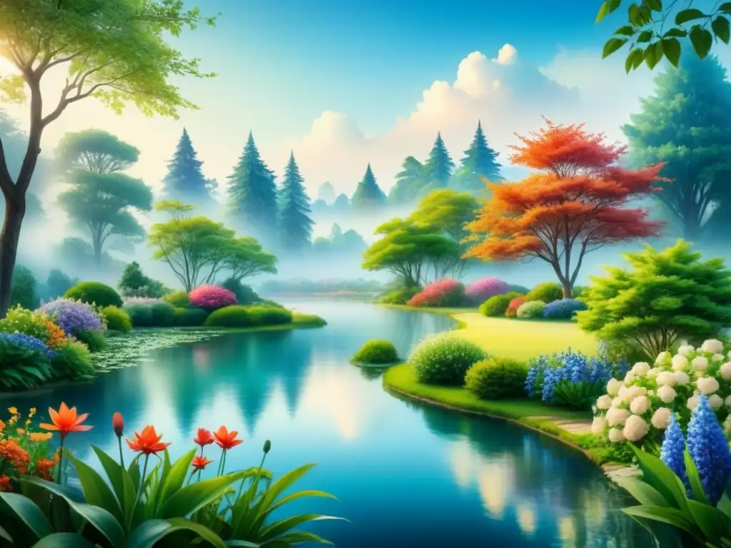 Arte visual como terapia emocional: pintura acuarela de un jardín sereno y colorido, lleno de flores y calma