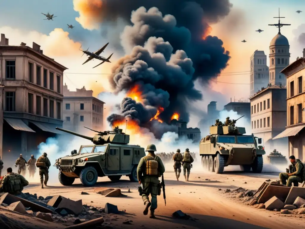 Arte visual como testimonio de guerra: Acuarela detallada de una ciudad destruida, civiles huyendo y soldados armados