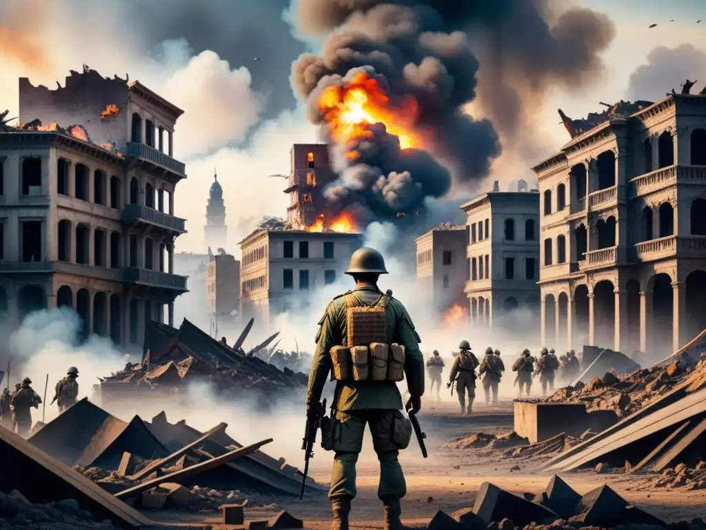 Arte visual como testimonio guerra: Pintura acuarela muestra ciudad devastada por conflicto, con ruinas, humo y personajes afligidos