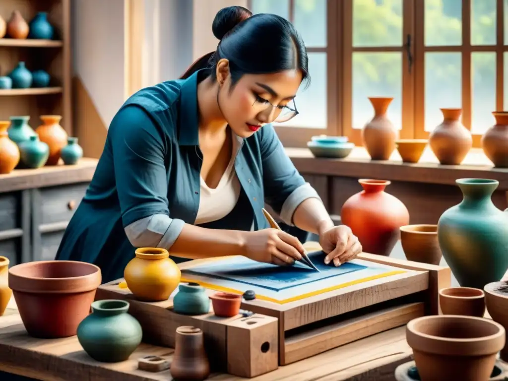 Artesano tallando diseño en bloque de madera rodeado de herramientas y tintas