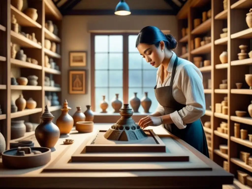 Artista preservando arte antiguo con impresora 3D en taller iluminado Un artesano experto preserva arte con impresión 3D en un taller lleno de objetos culturales