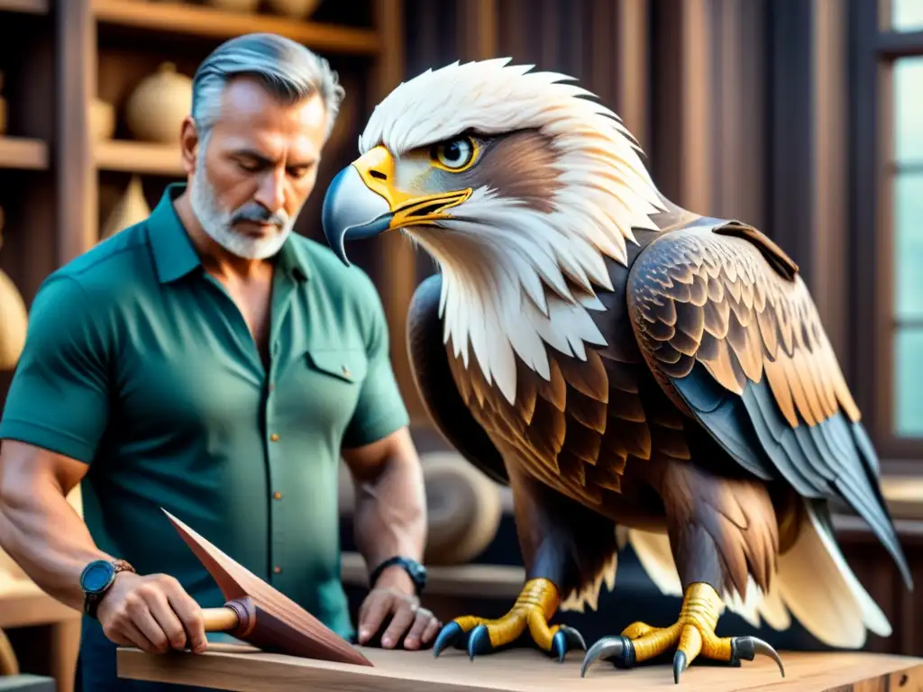 Artesano esculpe águila majestuosa en madera, destacando técnica y detalle