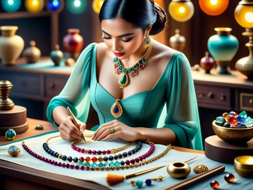 Artesano joyero crea joyas con detalle y color Un artesano meticuloso crea joyería inspirada en obras de arte, rodeado de gemas coloridas y herramientas intrincadas