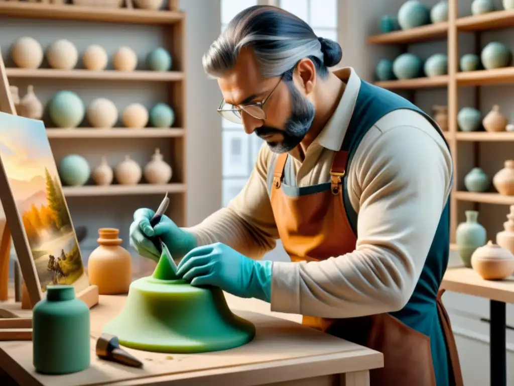 Un artesano crea moldes para preservar esculturas clásicas en un estudio lleno de serenidad y dedicación