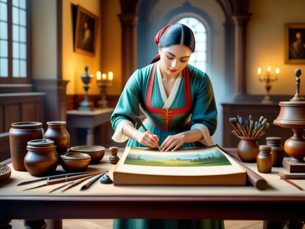 Un artesano restaura una obra del Renacimiento con delicadeza, resaltando técnicas de restauración en un ambiente histórico