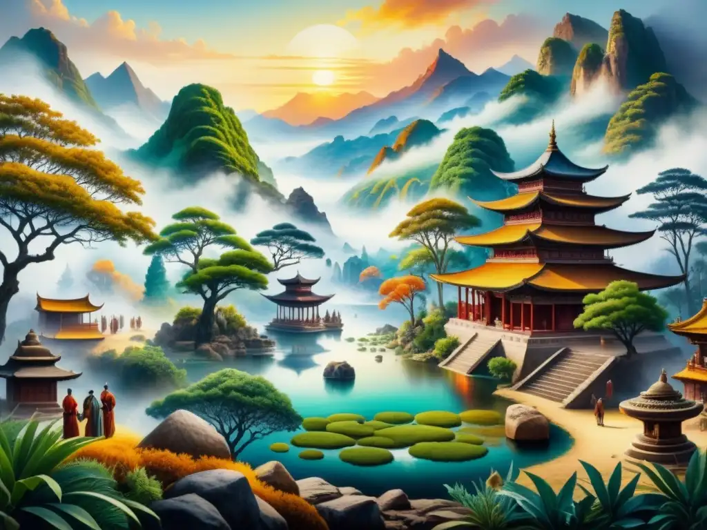 Artesanos de antiguas civilizaciones extrayendo pigmentos para crear una paleta de colores vibrantes en un paisaje exuberante