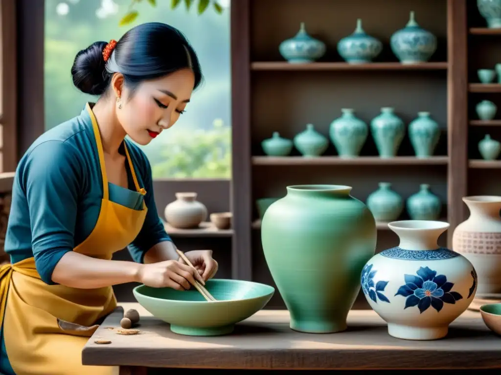 Artesanos asiáticos creando porcelana en un taller tradicional