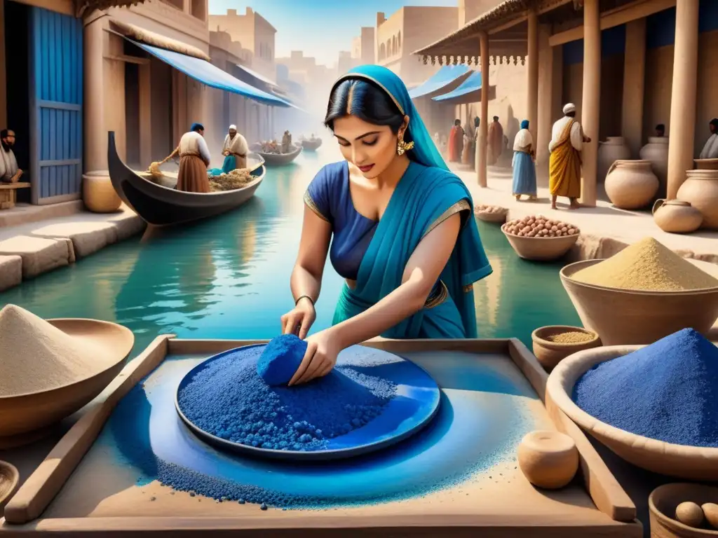 Artesanos en Mesopotamia extrayendo azul de lapislázuli, reflejando la historia del azul en arte