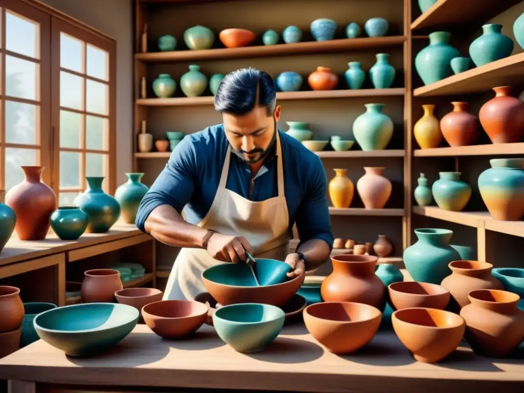 Artesanos crean cerámica en un estudio soleado, rodeados de herramientas y esmaltes coloridos, en un renacimiento de técnicas artesanales