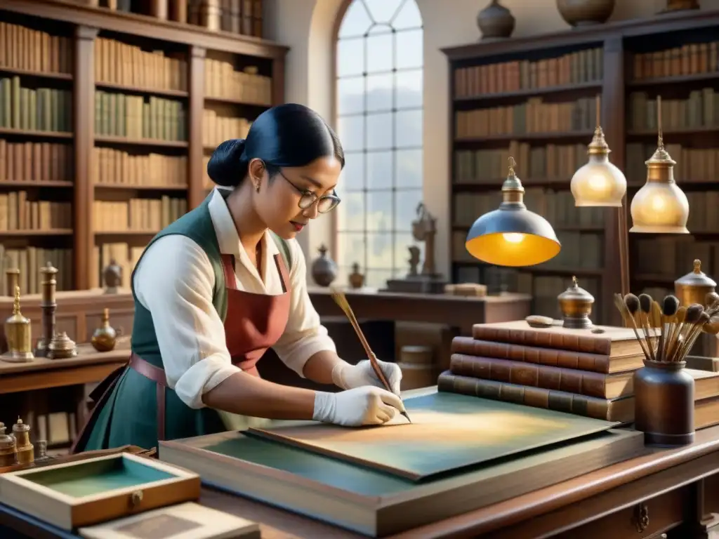 Artesanos restaurando una pintura antigua en un estudio de restauración de arte, con historia y cultura