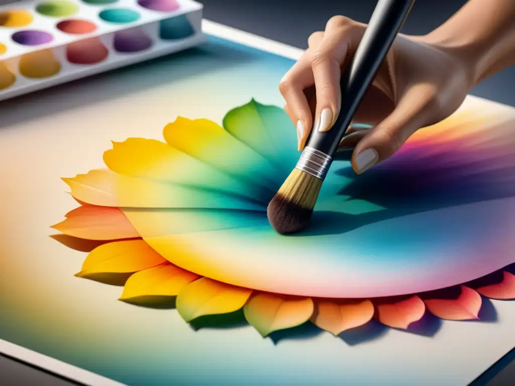 Un artista aplica acuarelas en papel texturizado, mostrando la técnica de mezcla de colores