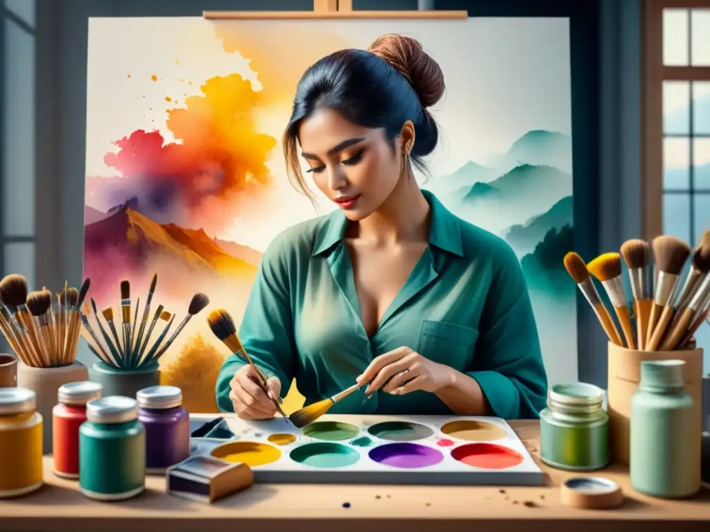 Retrato acuarela de un artista apasionado trabajando Un artista apasionado creando arte rodeado de pinceles y pinturas