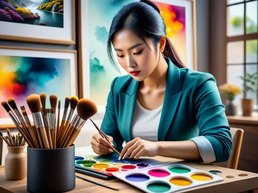 Artista asiático emergente creando una obra maestra vibrante rodeado de pinceles y pinturas