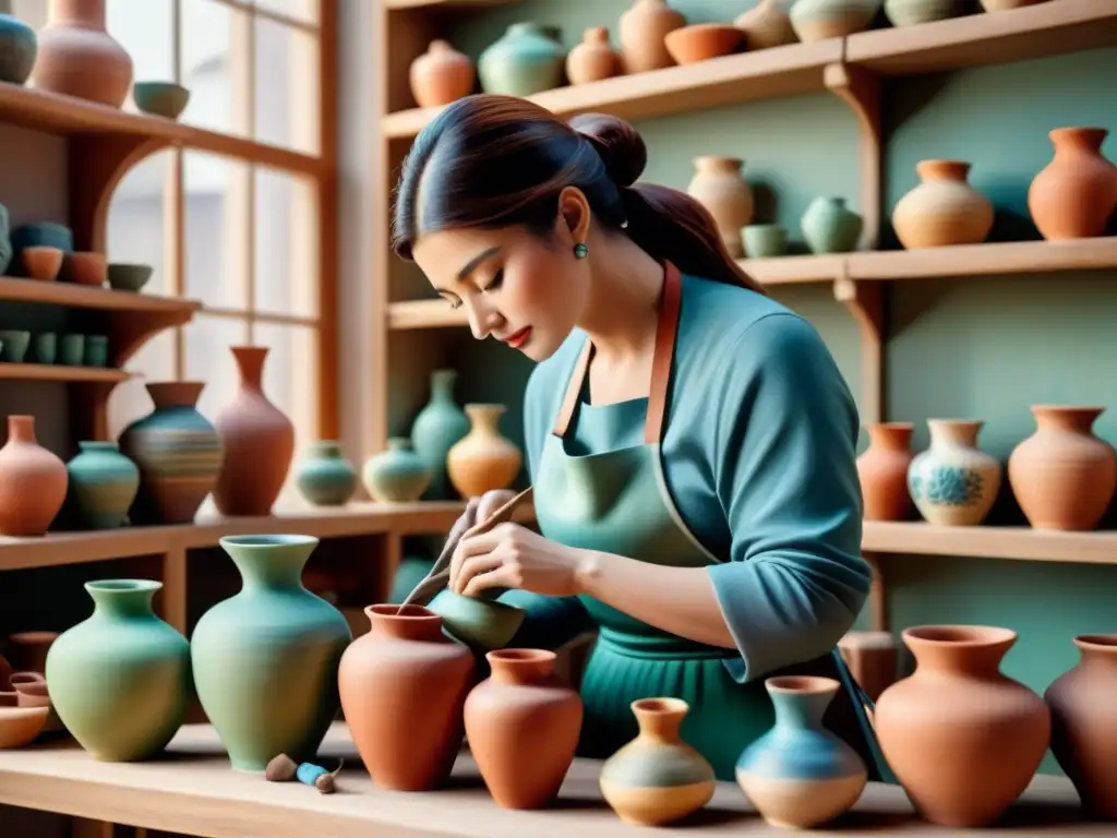 Un artista moldea cerámica en un estudio acogedor, rodeado de piezas coloridas