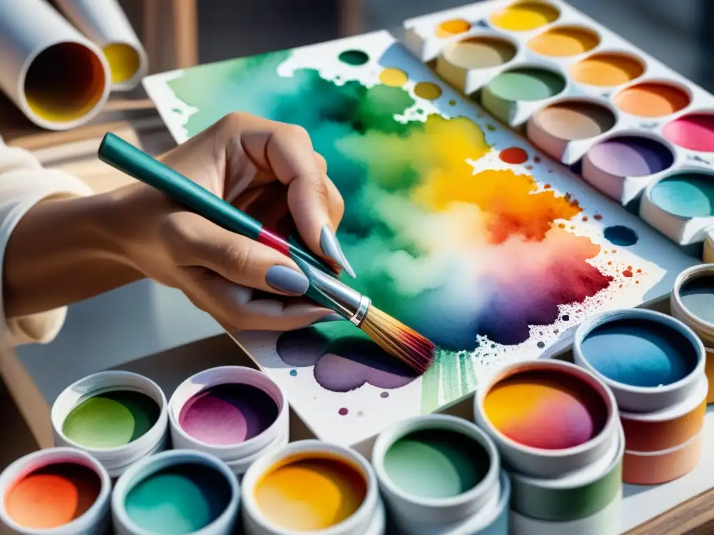 Un artista mezcla colores acuarela sobre una paleta blanca, mostrando técnicas de mezcla y capas