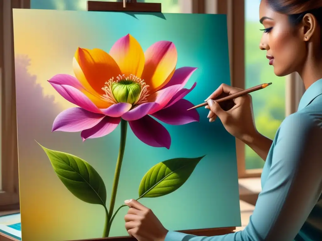 Un artista hábil mezcla colores pastel vibrantes, creando un retrato realista de una flor en papel texturizado