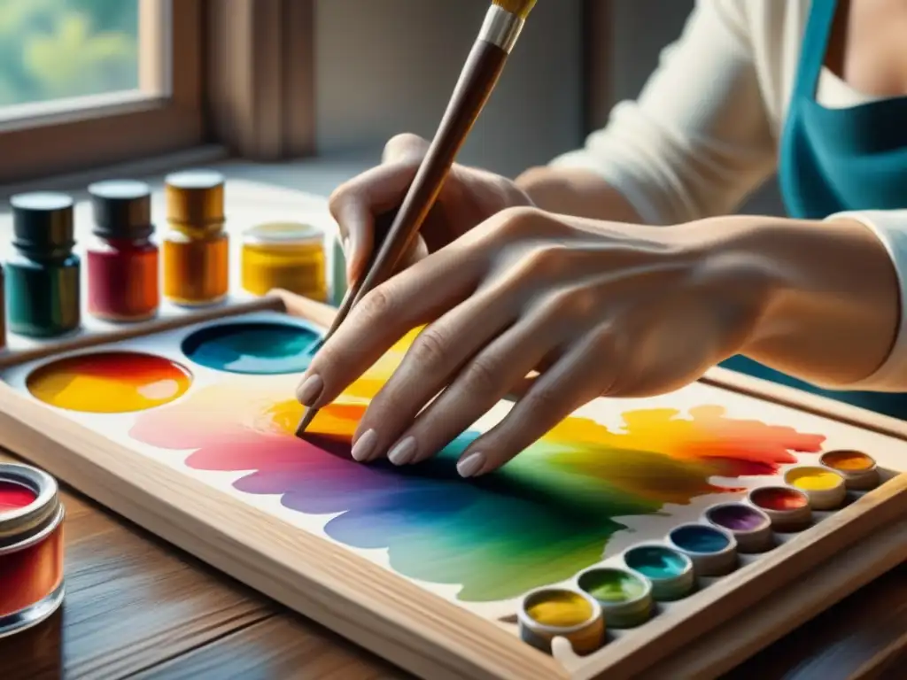 Un artista mezcla colores vibrantes sobre una paleta de madera, destacando las técnicas de pintores al óleo