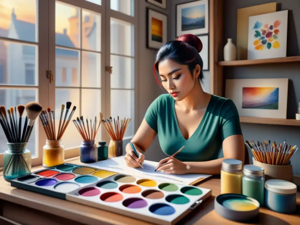 Retrato artista reflexivo en acuarela Un artista contemplativo se concentra en su autorretrato, rodeado de suministros de arte en una escena vibrante y expresiva