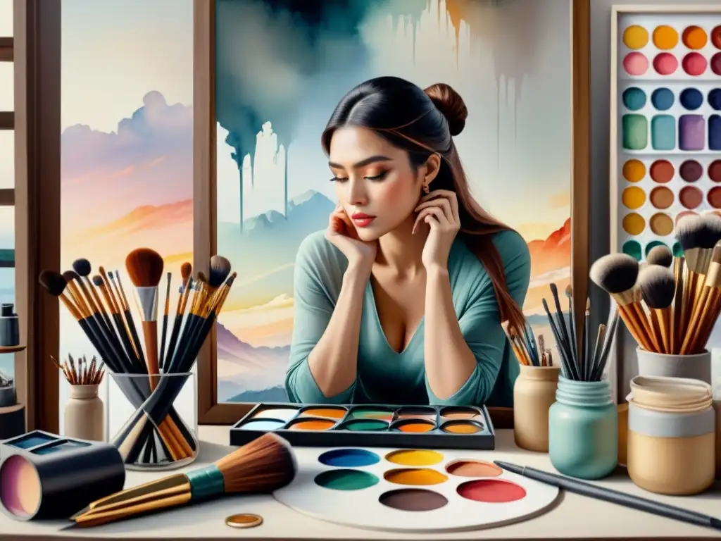 Reflejos del alma: pintura acuarela del artista contemplativo Un artista contemplativo se refleja en un espejo agrietado rodeado de suministros de arte