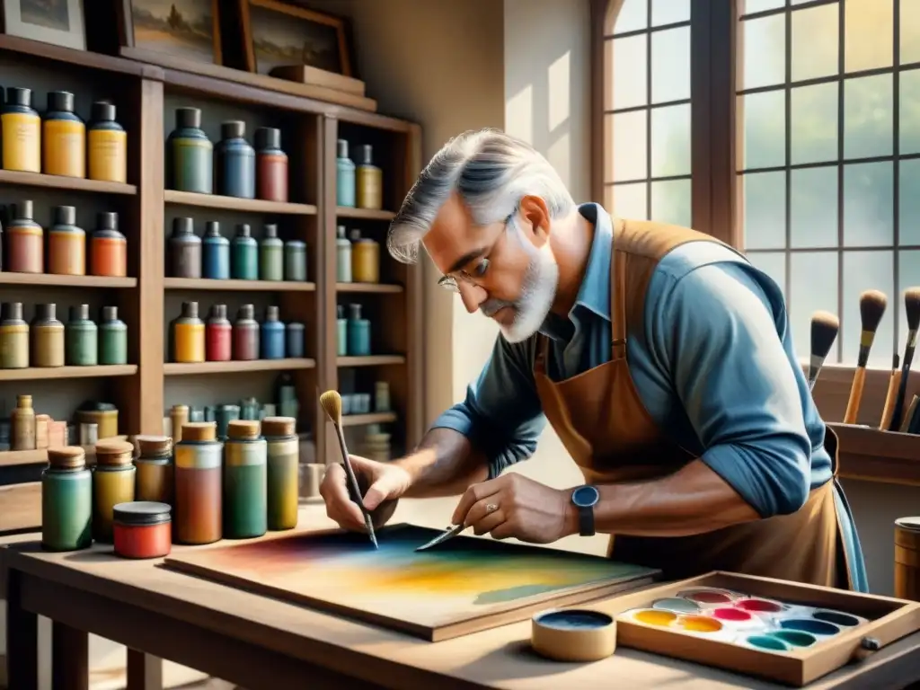 Un artista dedicado restaurando una pintura antigua con meticulosidad y destreza