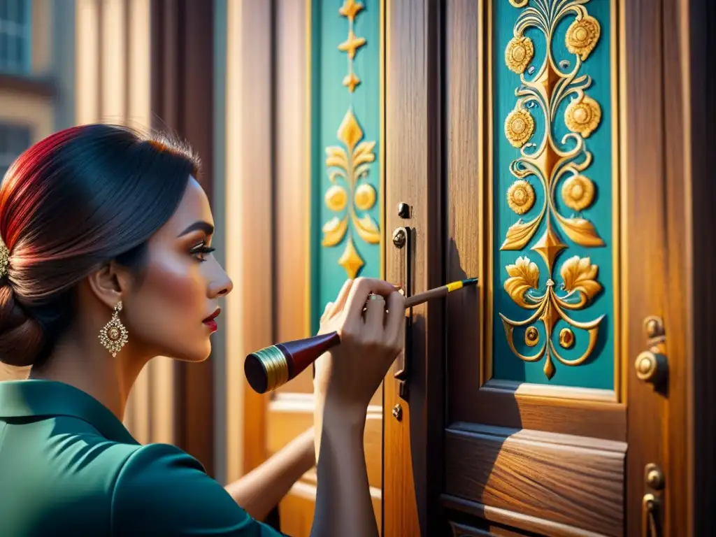 Un artista hábil pinta con delicadeza una obra en óleo en una puerta de madera, mostrando la versatilidad de la pintura en superficies inusuales