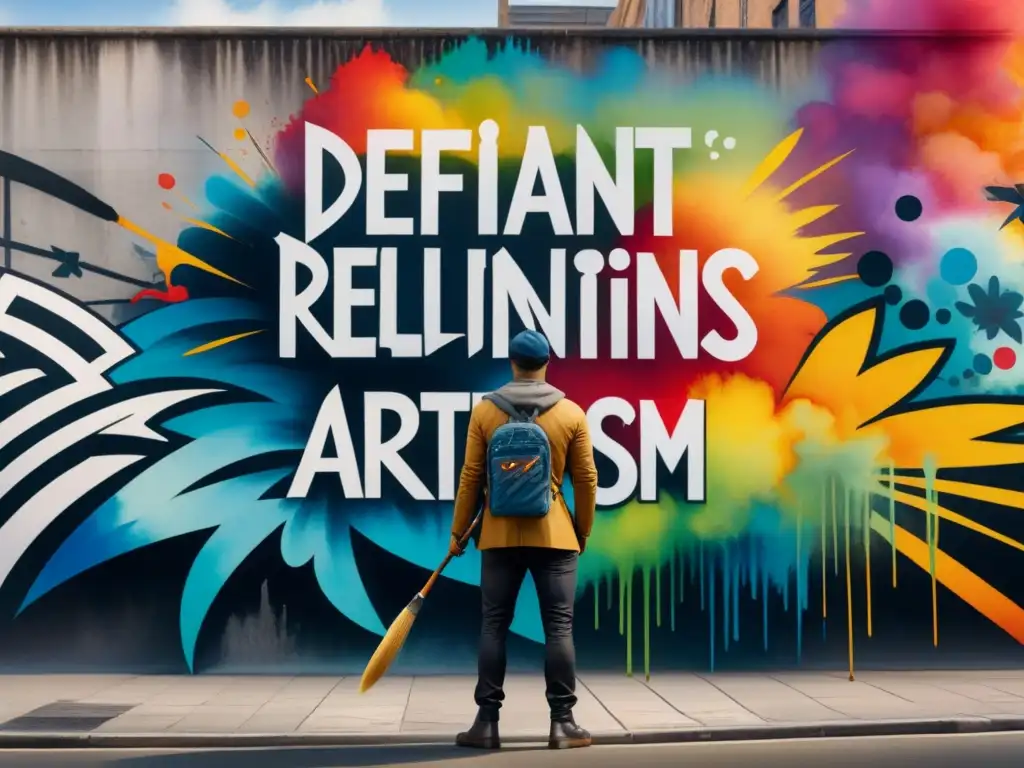 Un artista desafiante frente a un muro graffiteado, con expresión de rebeldía y determinación, fusionando arte visual contemporáneo rebeldía