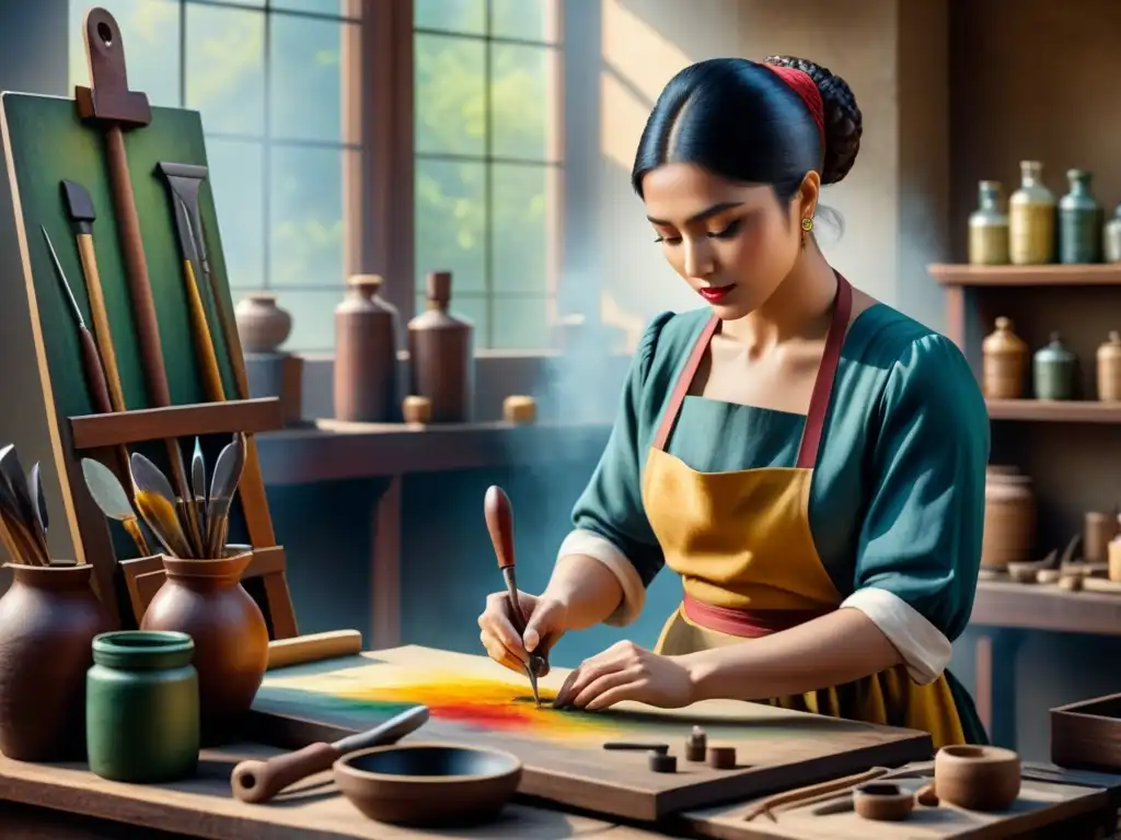 Un artista restaura con destreza una pintura centenaria, rodeado de herramientas vintage y colores vibrantes en su estudio soleado, destacando la Composición en la Restauración de Arte