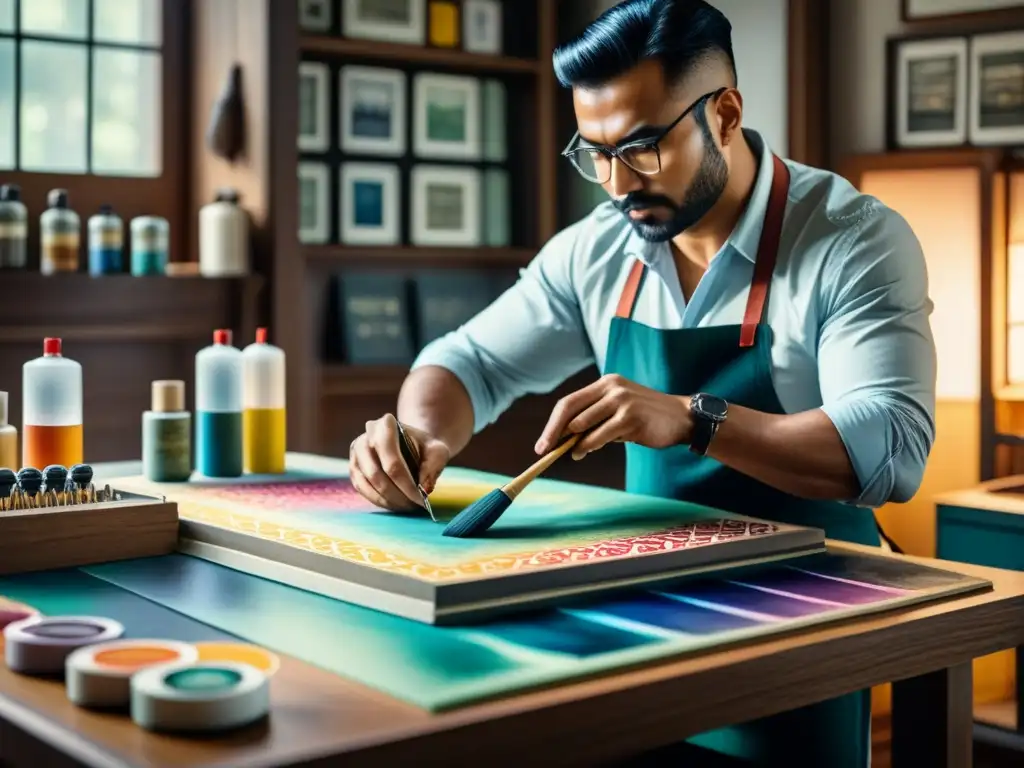 Un artista detallado talla diseños intrincados en un bloque de linóleo rodeado de herramientas coloridas