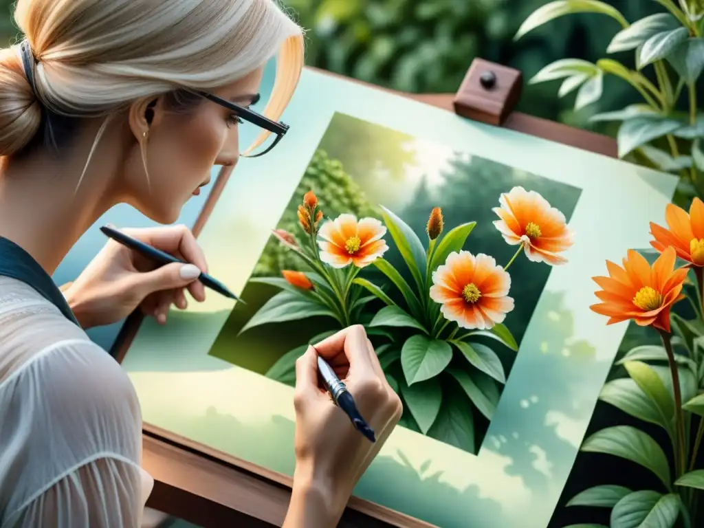 Un artista mejora sus dibujos con observación detallada en un retrato realista, rodeado de la naturaleza de un jardín floreciente