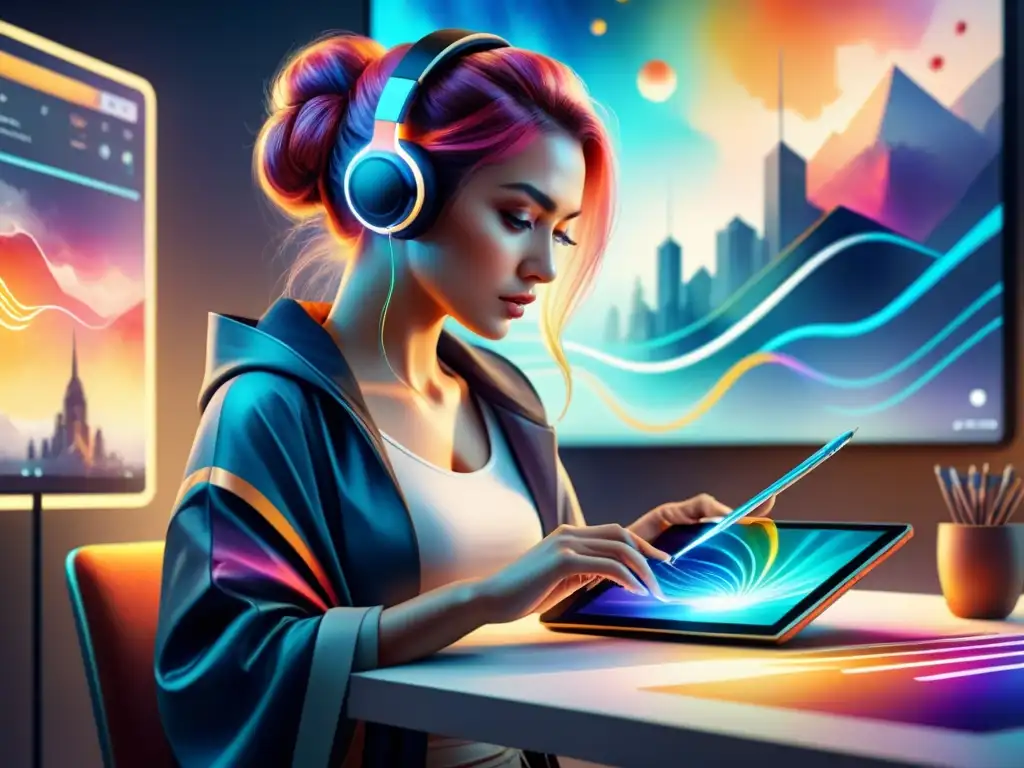 Un artista digital crea arte vibrante en una tablet, rodeado de una interfaz futurista