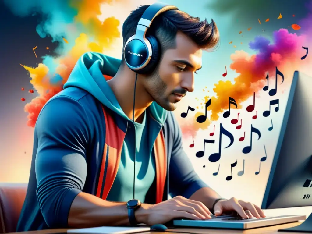 Artista digital inmerso en crear arte rodeado de notas musicales y pinceladas digitales vibrantes