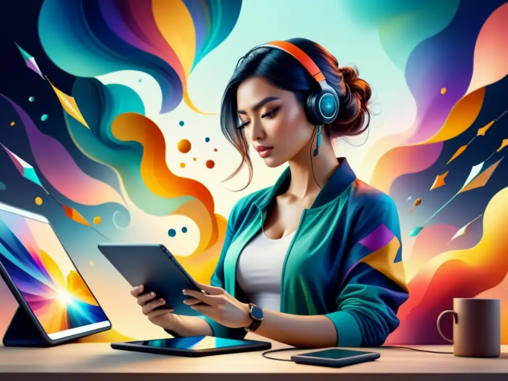 Artista digital inmerso en un torbellino de creatividad y tecnología NFT Un artista digital inmerso en un torbellino de colores abstractos, creando arte generativo con NFTs
