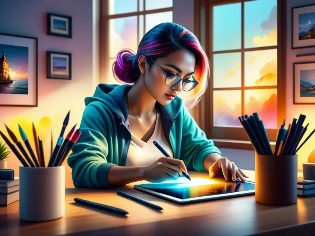 Un artista digital novato se sumerge en su creación, rodeado de herramientas de dibujo digital