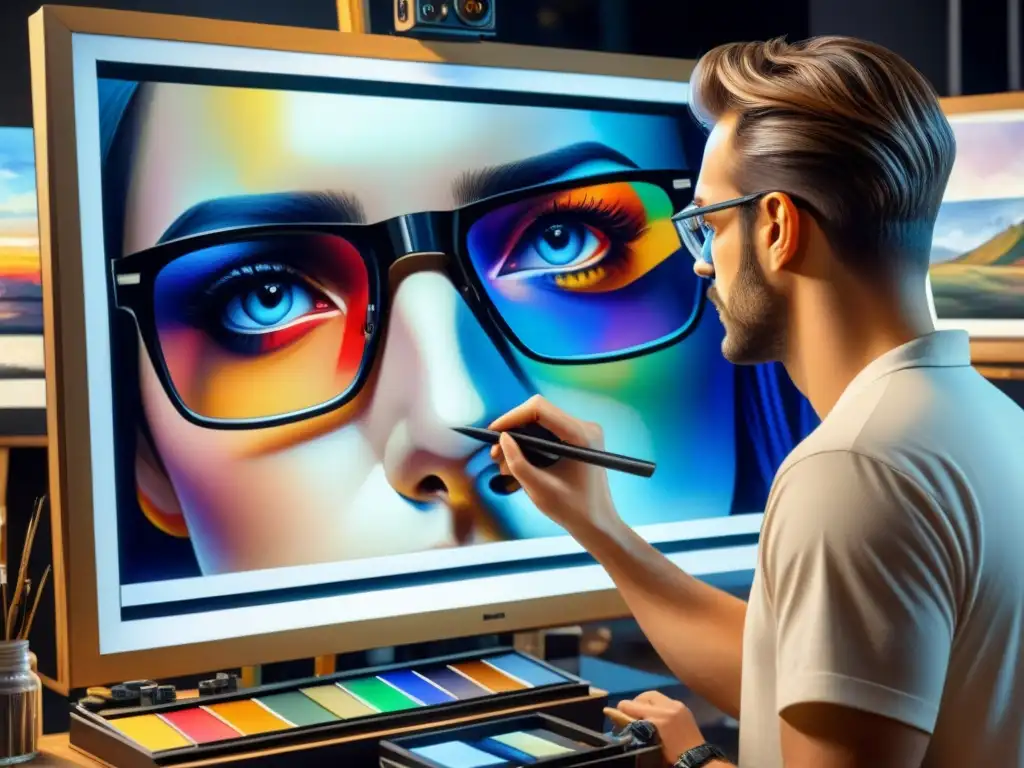 Un artista digital restaura una obra pixelada con herramientas de arte, fusionando técnicas tradicionales y modernas