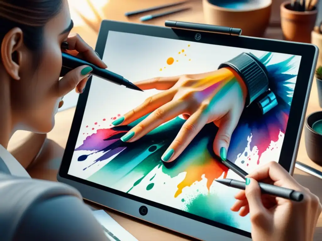 Un artista digital crea una obra vibrante en una tableta gráfica de alta tecnología