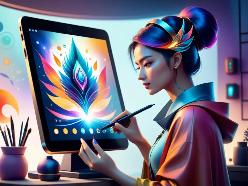 Un artista digital crea un ser fantástico en una tablet, rodeado de pinceles virtuales y elementos mágicos