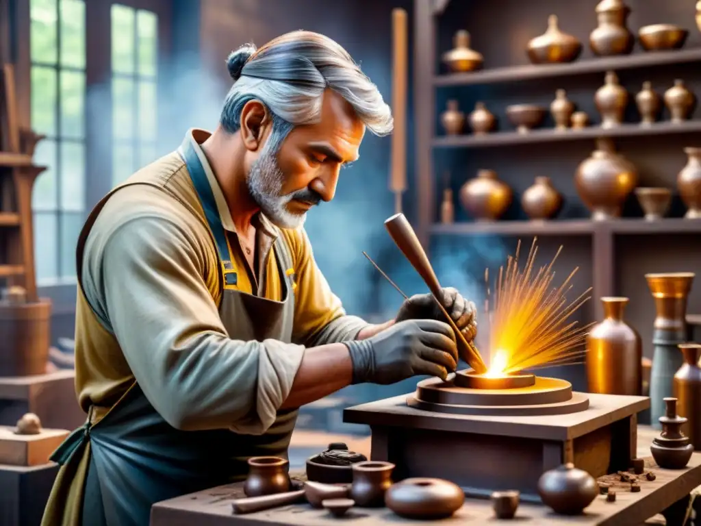 Un artista experto moldea una escultura de bronce usando técnicas tradicionales de fundición, rodeado de herramientas características del arte