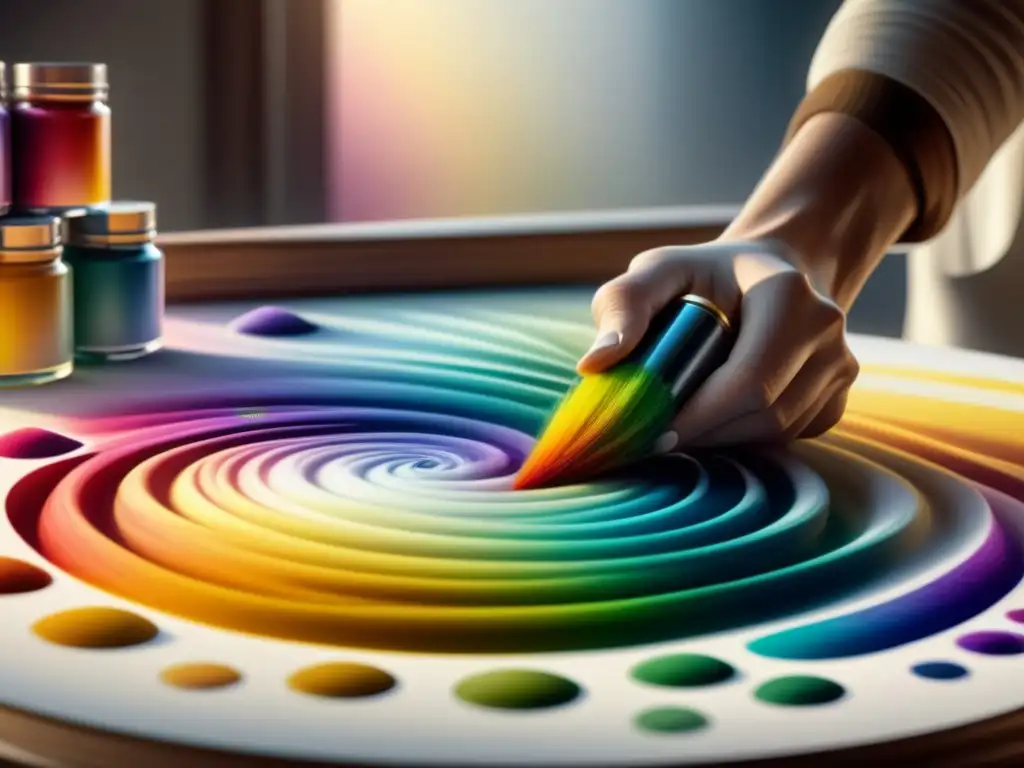 Maestría en Mezcla de Acuarelas: Colores Vibrantes en 8K Un artista experto mezcla pinturas para obras maestras con precisión y destreza, creando una obra de arte única