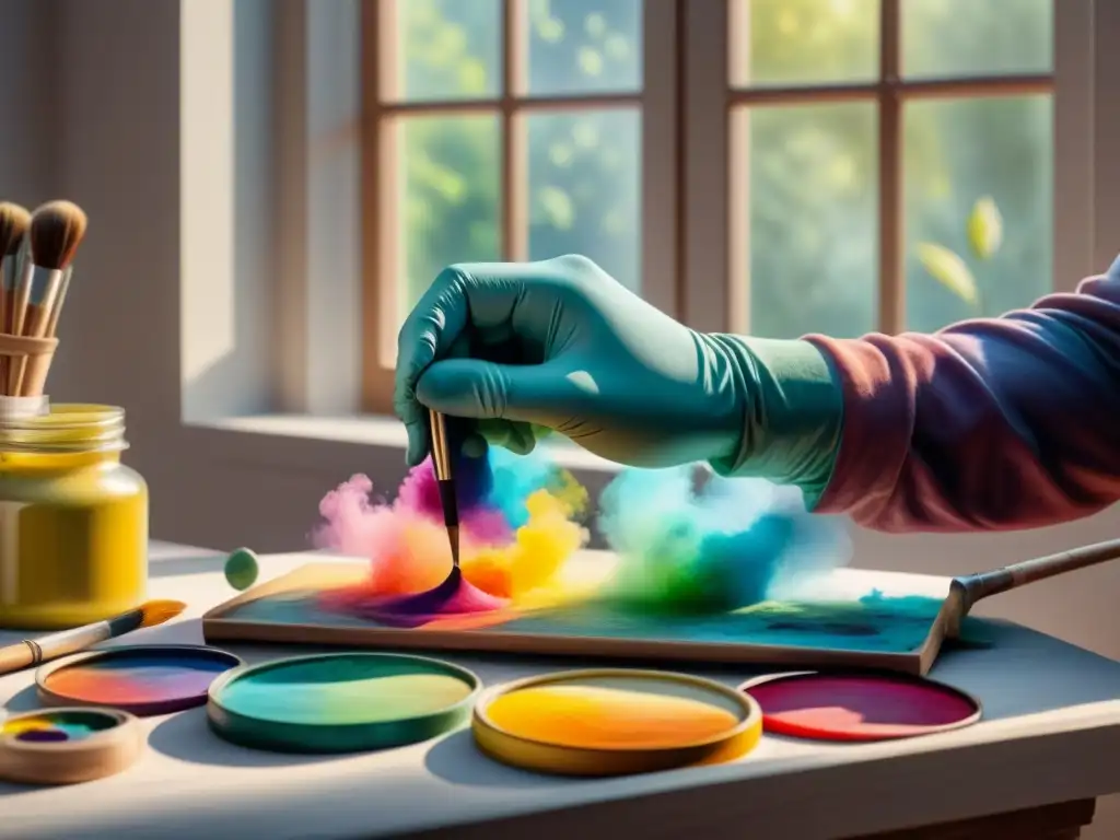 Maestría en Acuarela: Artista mezclando colores vibrantes con destreza Un artista experto mezcla pinturas para obras maestras, con colores vibrantes y una luz natural que realza su arte