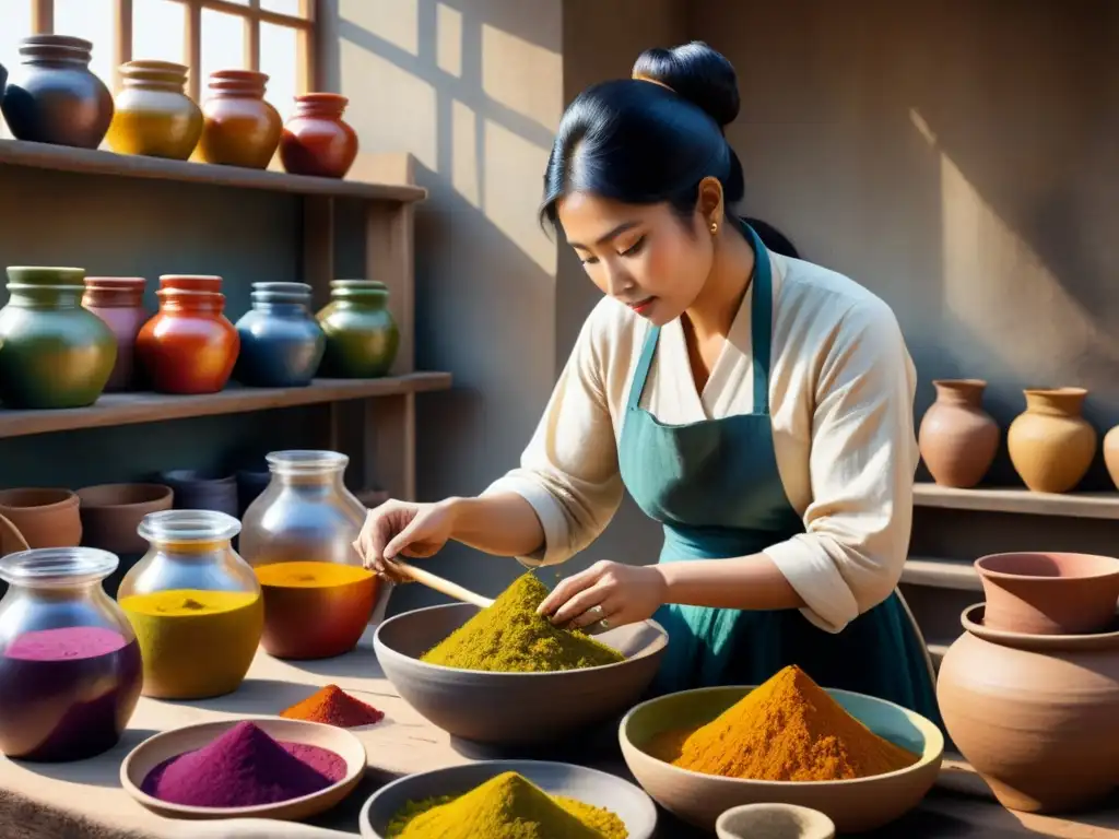 Un artista experto creando tintes naturales con técnicas antiguas, resaltando la belleza del arte