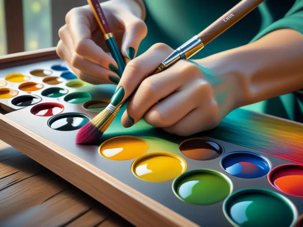 Un artista experto mezclando vibrantes colores de pintura al óleo en una paleta, destacando las técnicas de mezcla en óleo