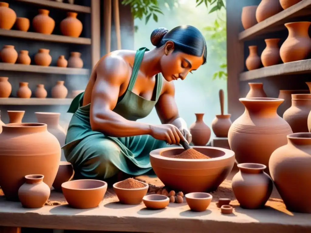 Artista moldeando figura de terracota con precisión, rodeado de herramientas y tonos terrosos