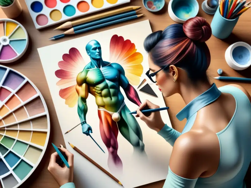 Detalle acuarela: Artista dibujando figura humana con precisión Un artista dibuja figuras humanas realistas con precisión, rodeado de herramientas artísticas, en una acuarela detallada