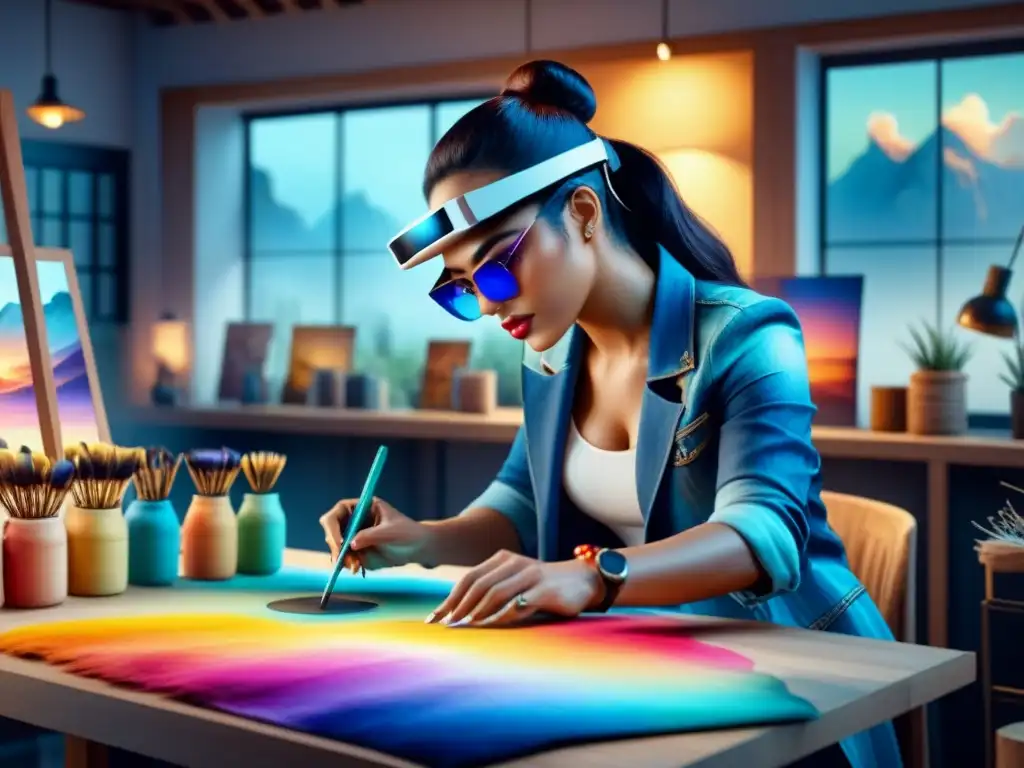 Artista usa gafas de realidad aumentada para crear arte visual vibrante e interactivo en estudio moderno, fusionando tecnología y tradición