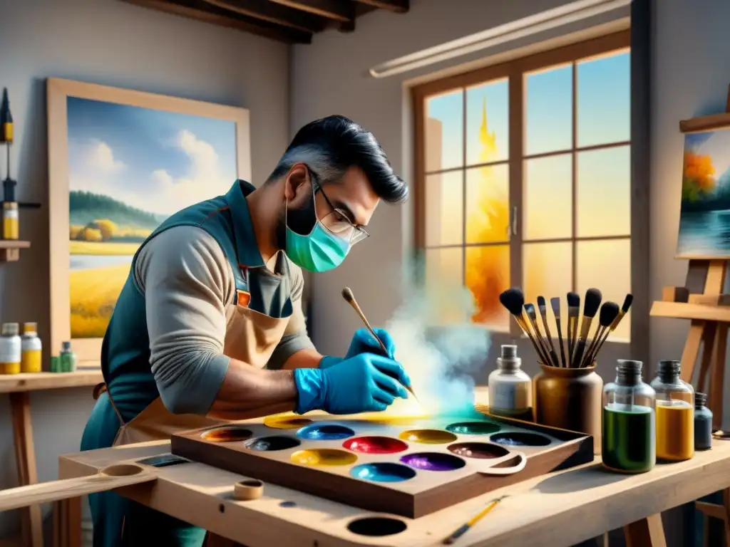 Artista con guantes y mascarilla mezclando pintura al óleo en estudio bien ventilado