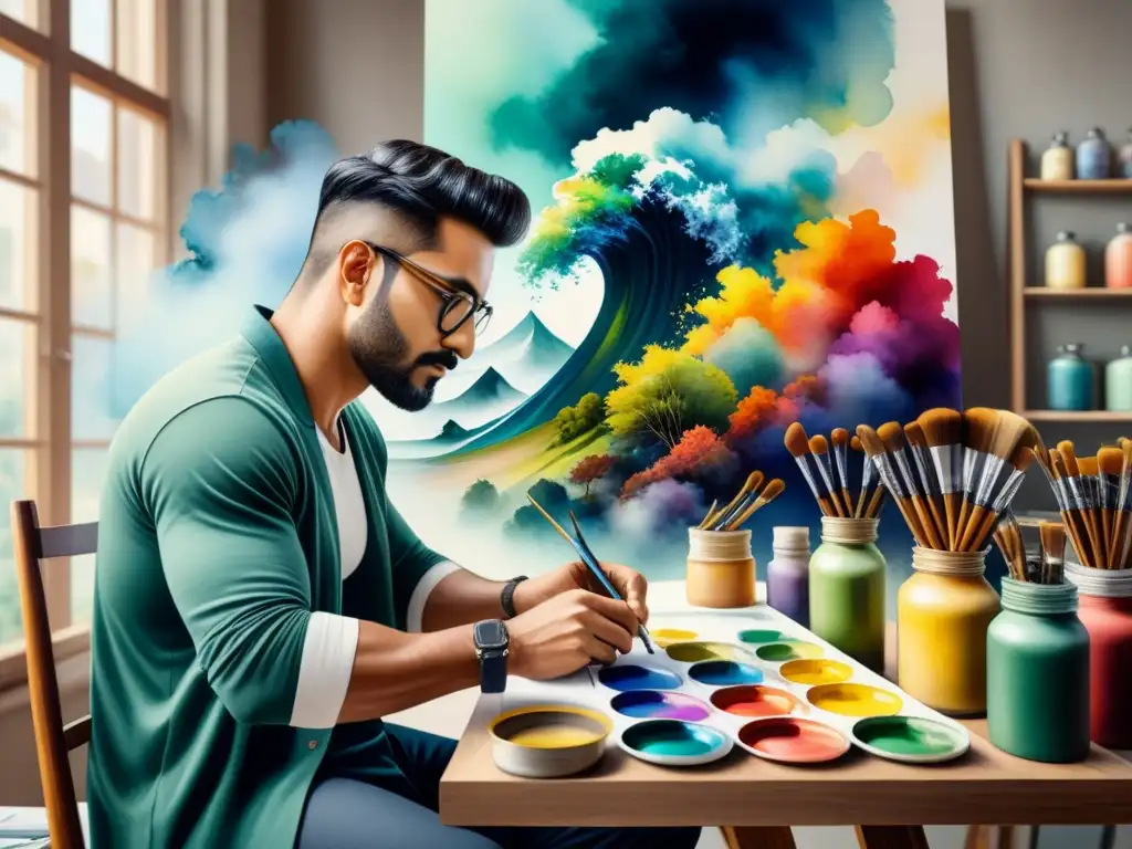 Un artista hábil creando una narrativa visual en arte contemporáneo con pintura acuarela y una expresión creativa